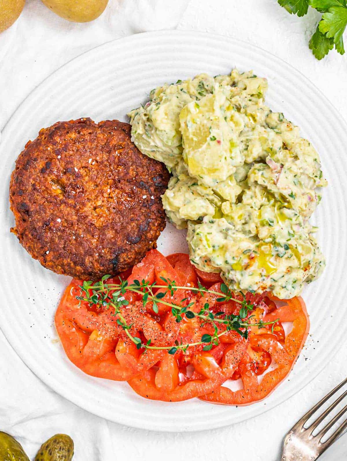 Vegan potato salad and serving.