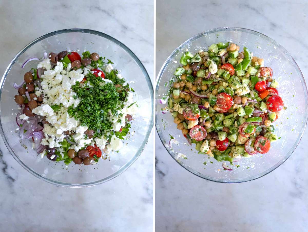 Adding chopped cucumber, tomatoes, red onion, bell pepper, feta, and herbs to bowl with marinated chickpeas and dressing – mixing ingredients for Greek pasta salad.