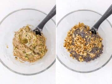 Adding dry ingredients to wet, then folding in chocolate and walnuts.