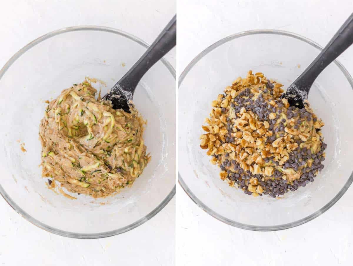 Adding dry ingredients to wet, then folding in chocolate and walnuts.