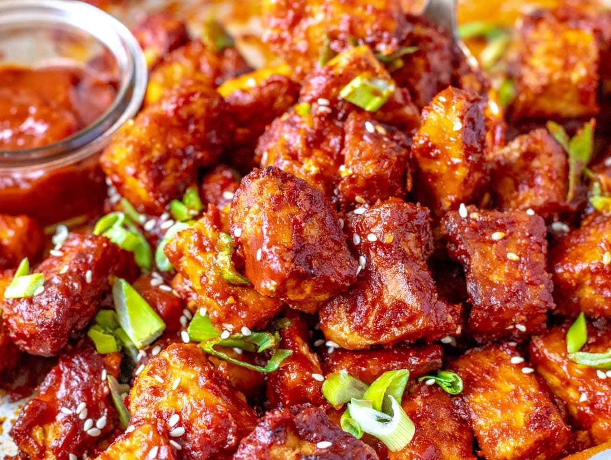 BBQ tofu on sheet pan.