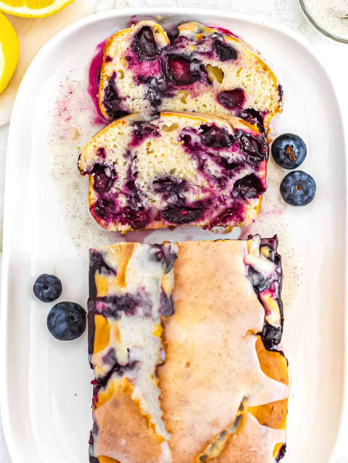 Blueberry bread covered with lemon glaze.