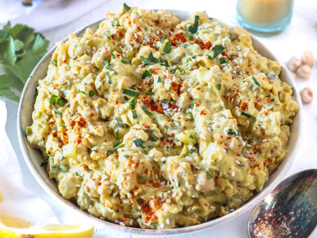 Creamy curry chickpea salad in a bowl.