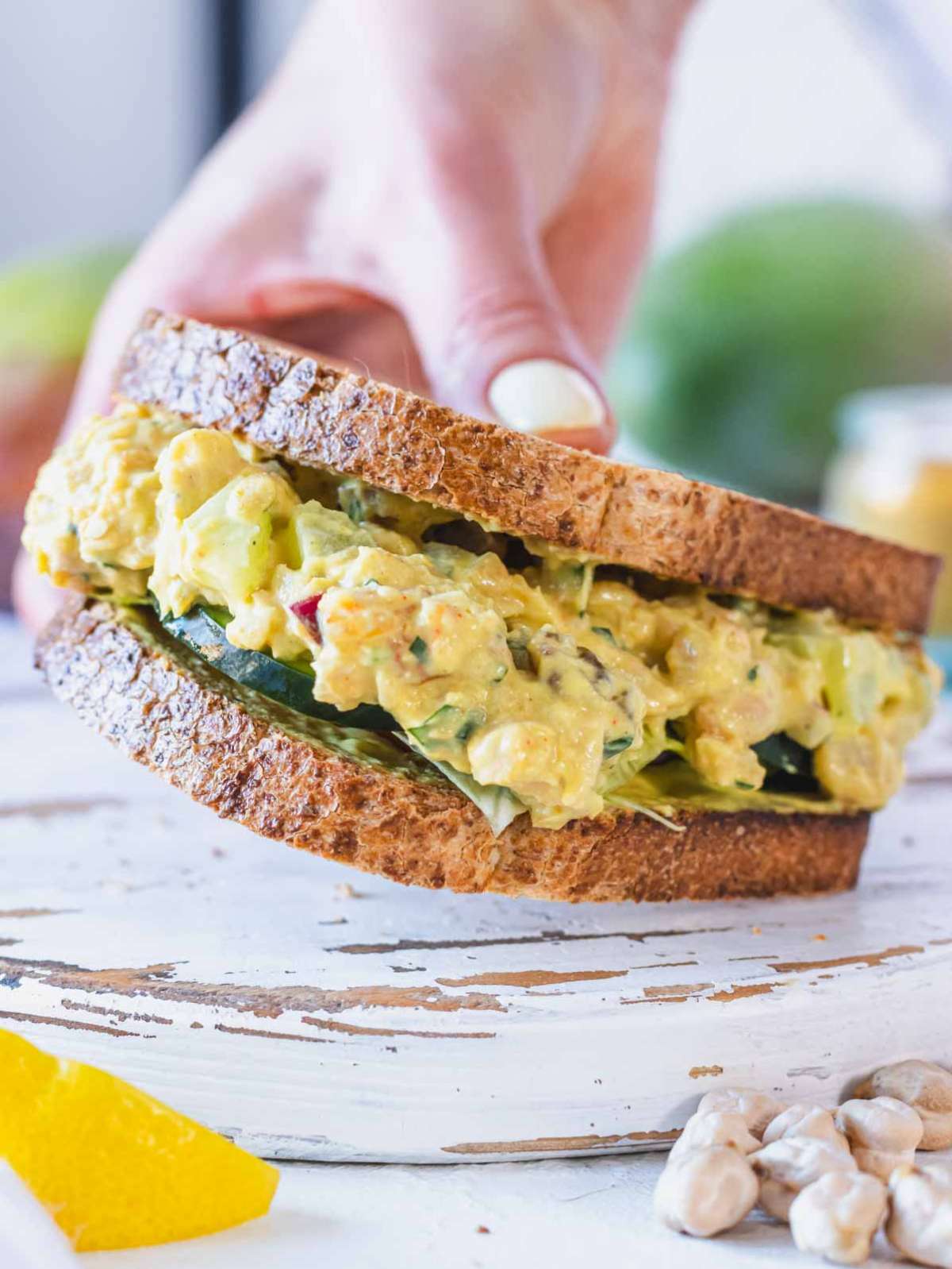 Curry chickpea salad in a sandwich.