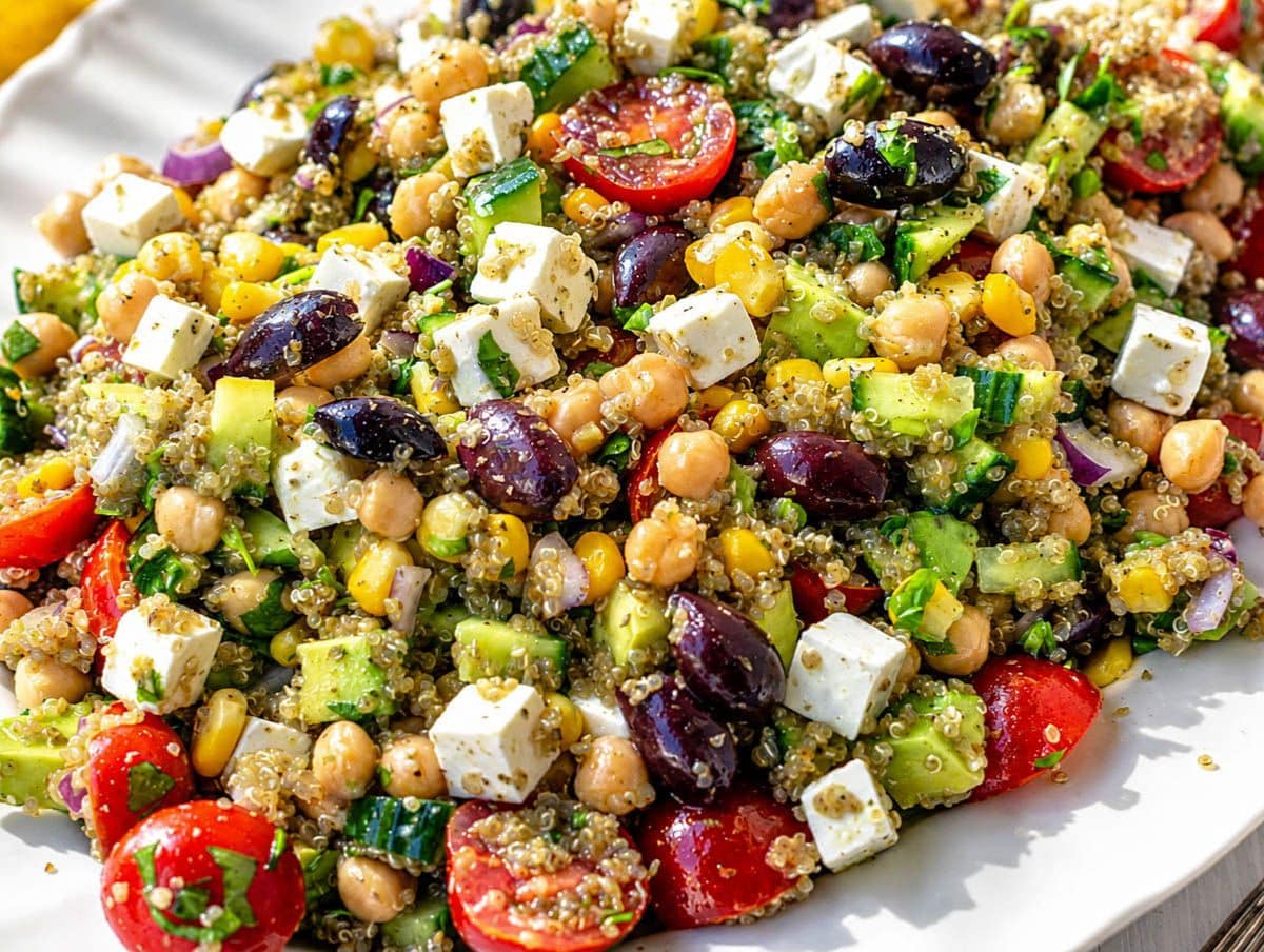 Fresh quinoa chickpea salad glowing in natural window light