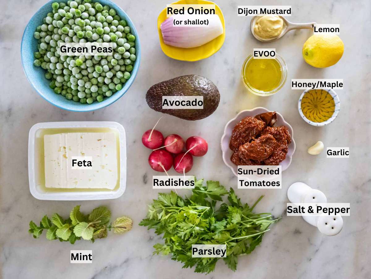 Ingredients for pea salad on a table.