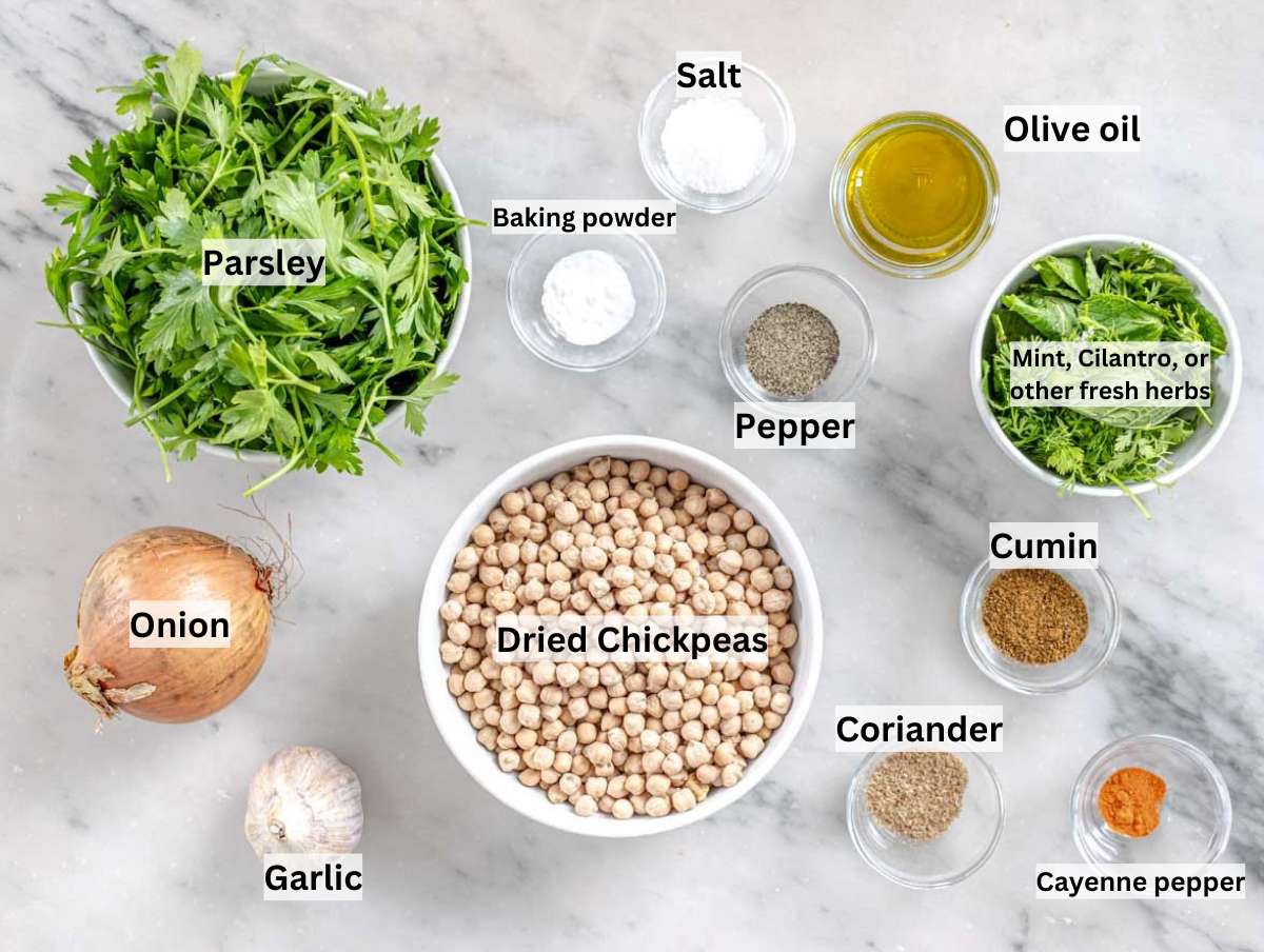 Ingredients picture for falafel on a marble table.