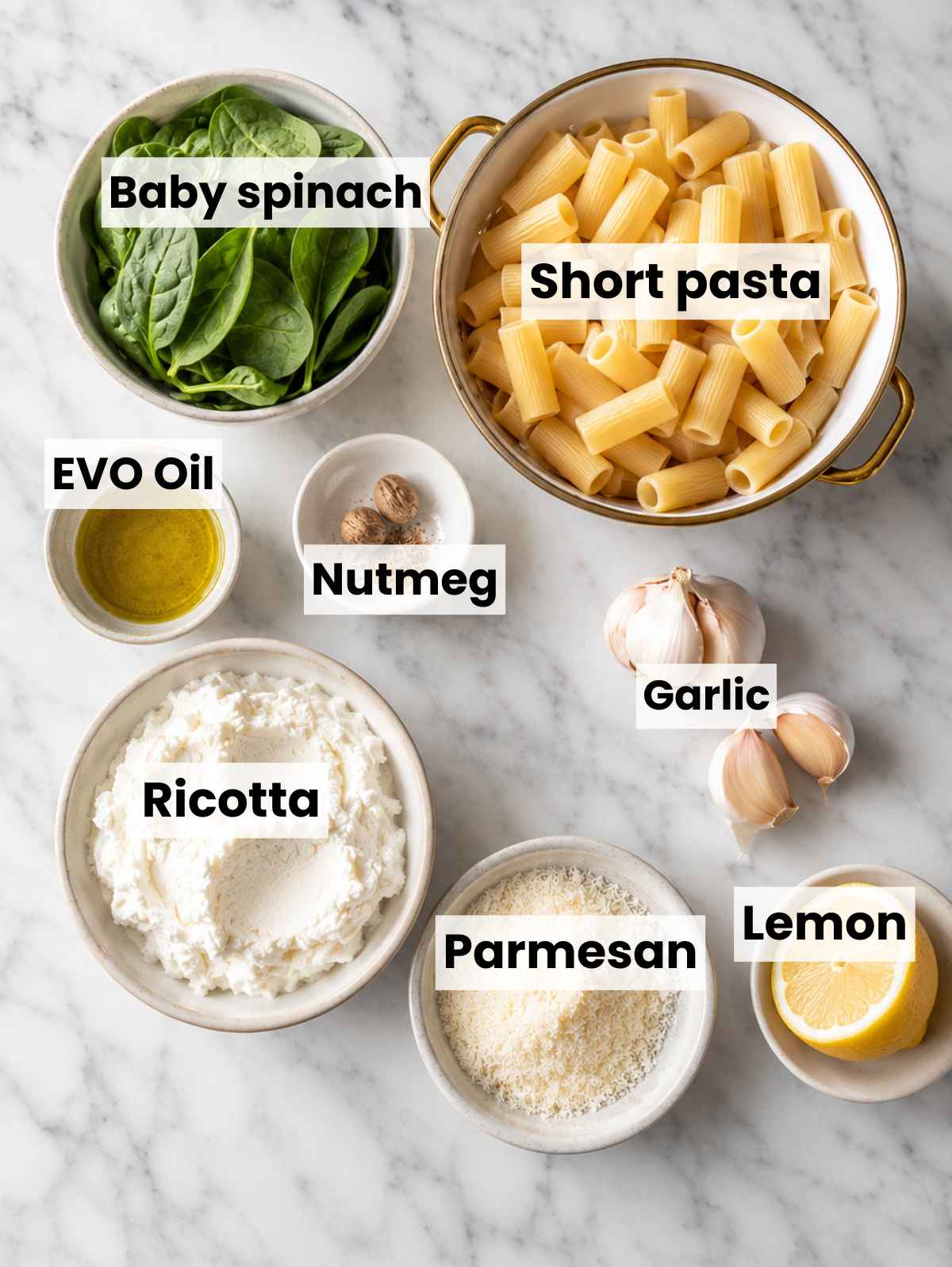 Lemon ricotta pasta ingredients on Carrara marble in natural window light.
