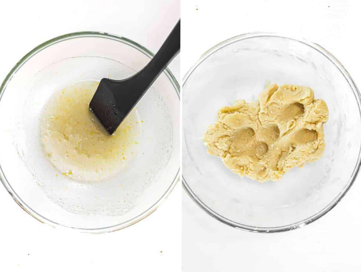 Mixing the wet and dry ingredients in a bowl.