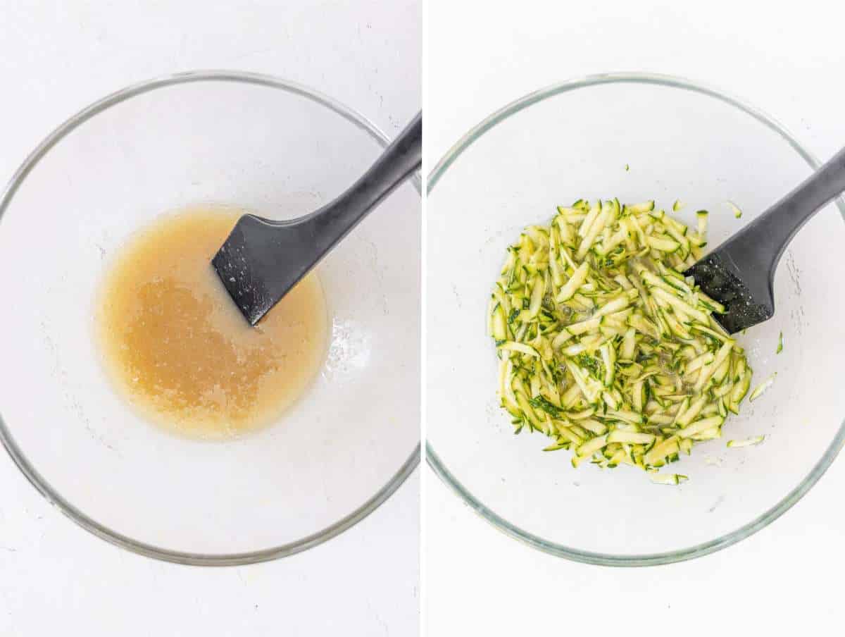 Mixing the wet ingredients in a bowl with the zucchini.
