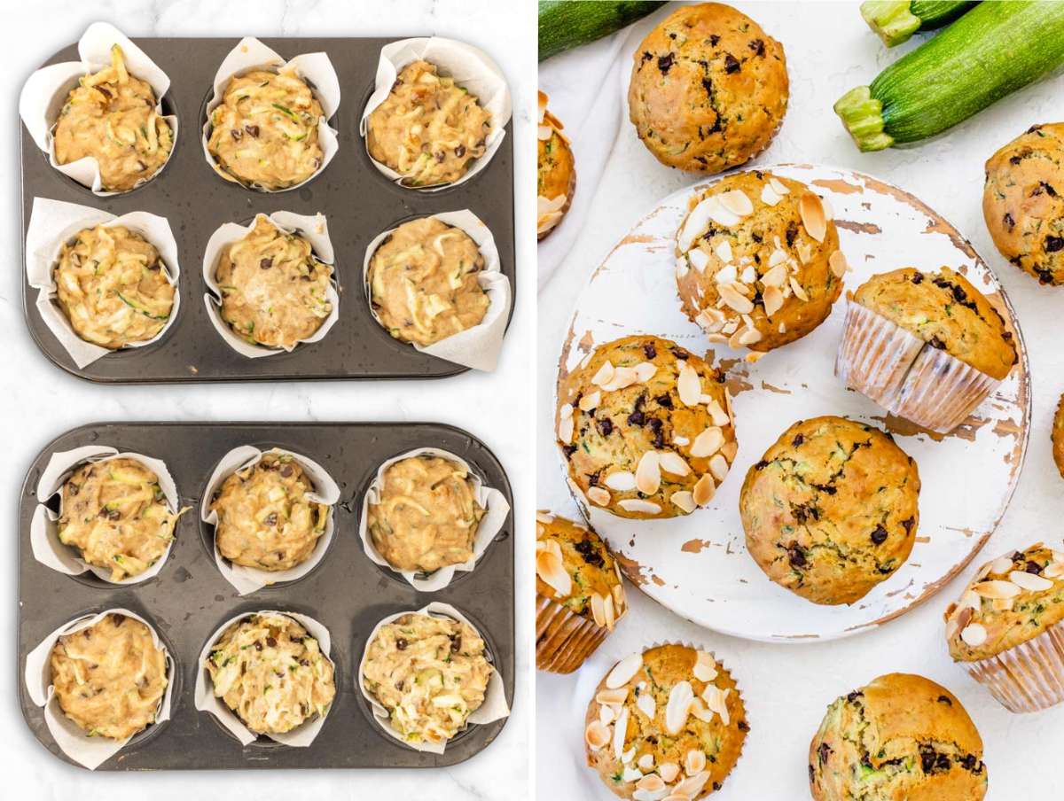 Muffin batter in the tins on the left and baked zucchini muffins on the right.