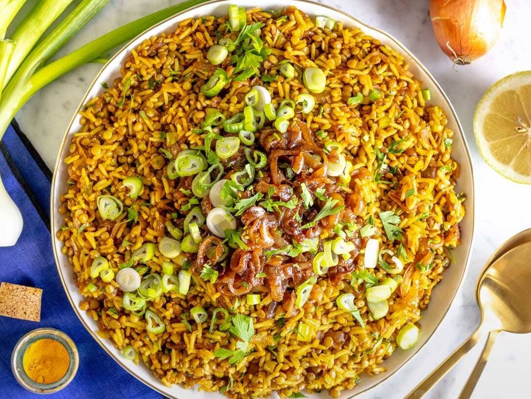 mujadara lentil and rice topped with scallions