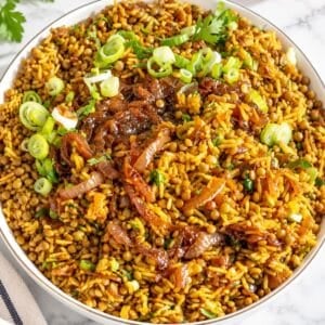 Mujadara topped with caramelized onions, parsley, and scallions.