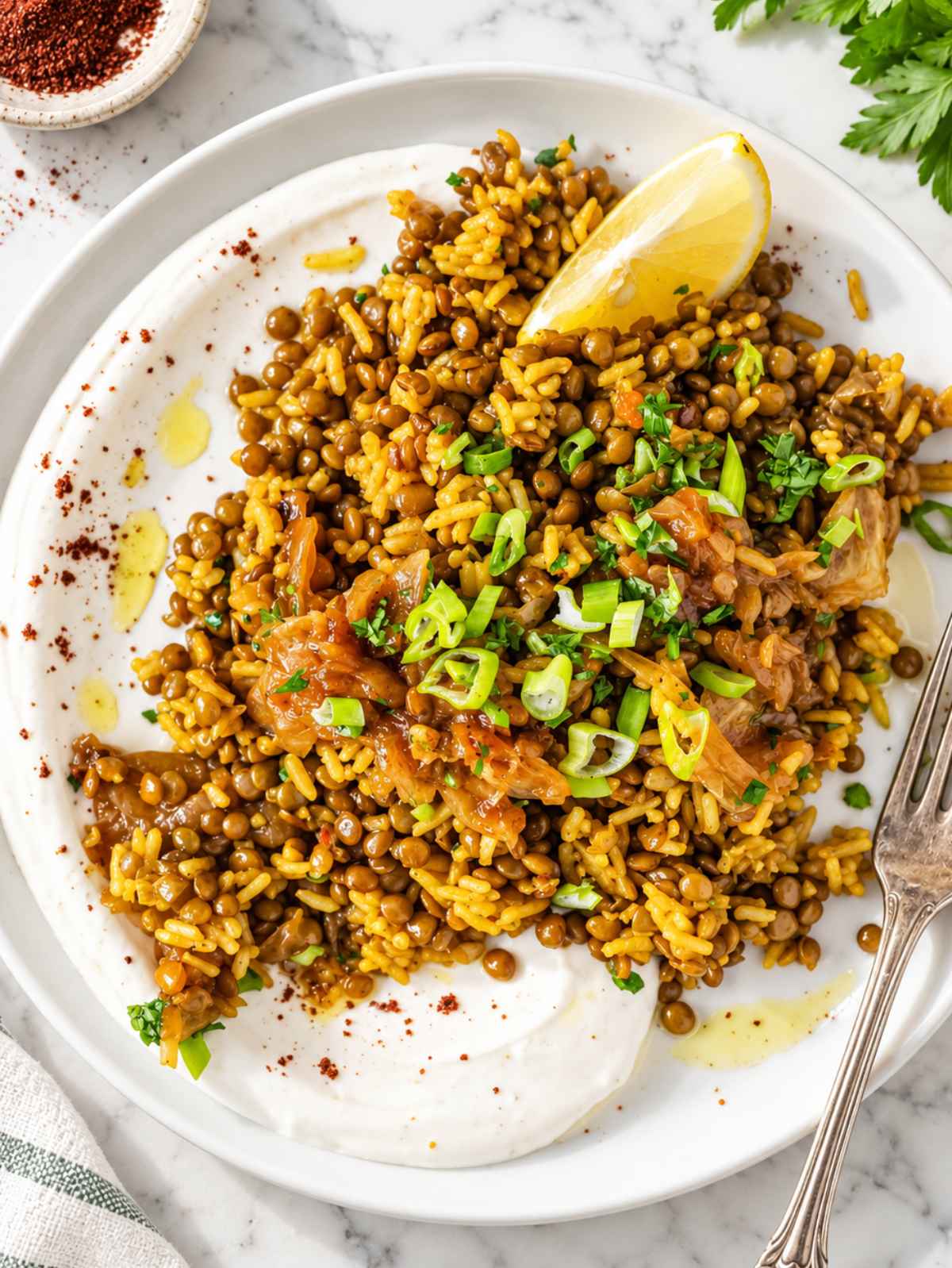 Mujadara with lentils, fluffy rice, Greek yogurt, caramelized onions, parsley, and scallions.