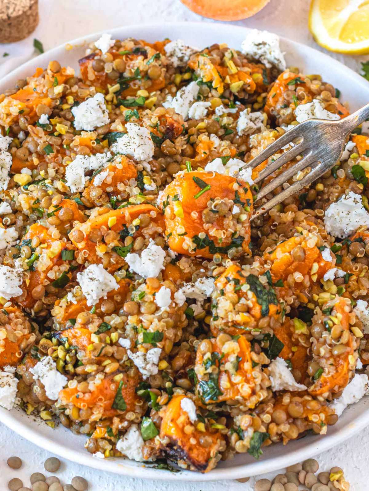 Quinoa lentil salad with crumbled feta.