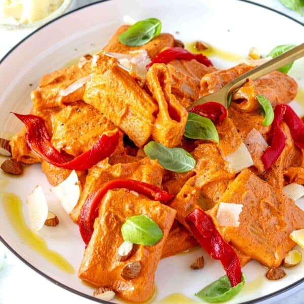Red pepper pasta on a plate.