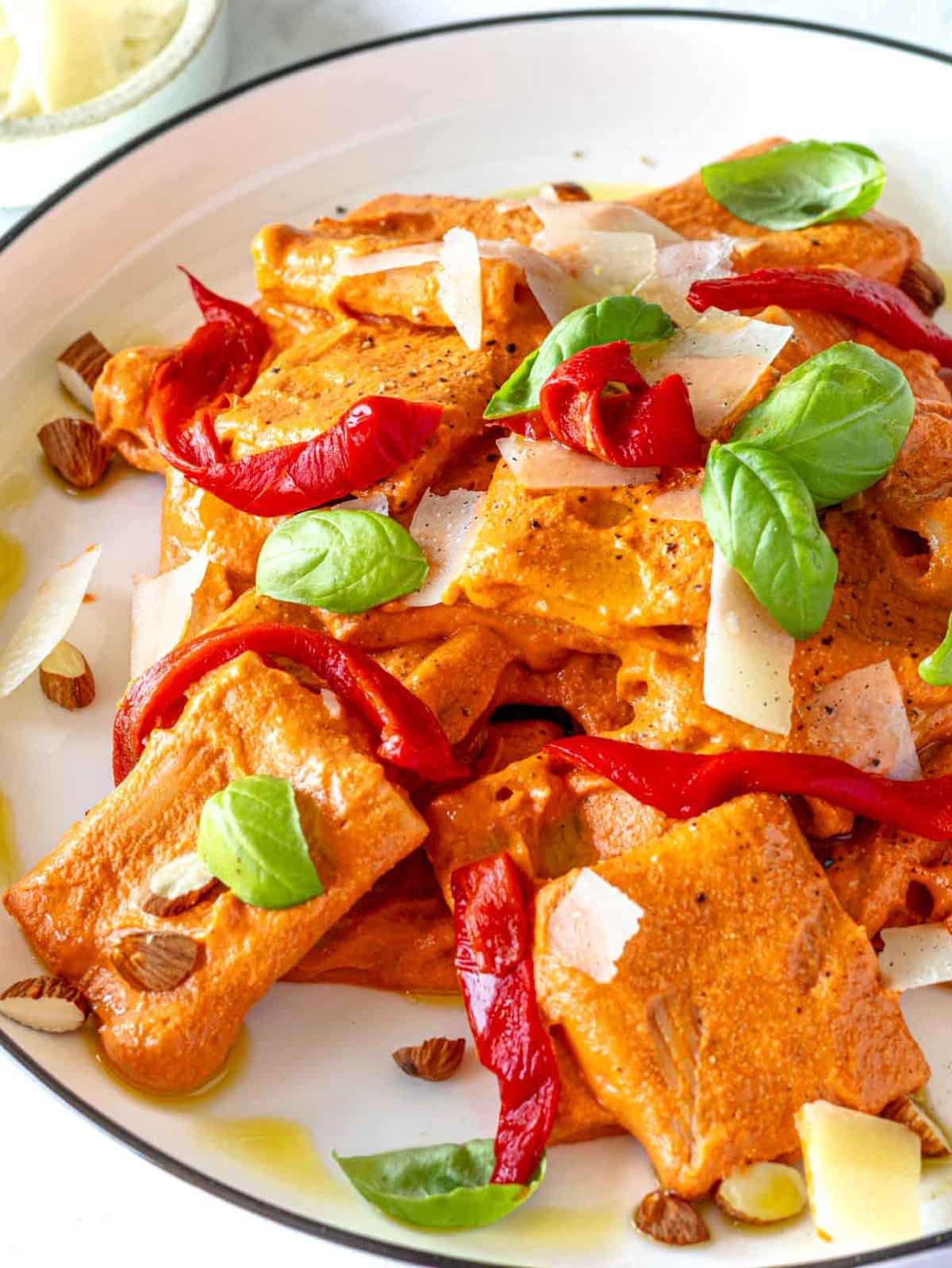 Red pepper pasta close-up picture.