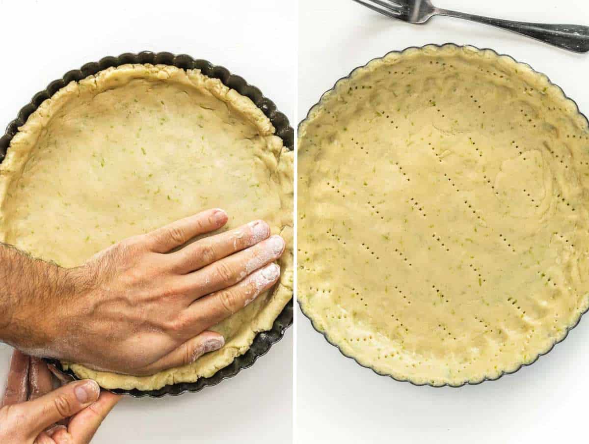 Shaping the crust in the tart pan.