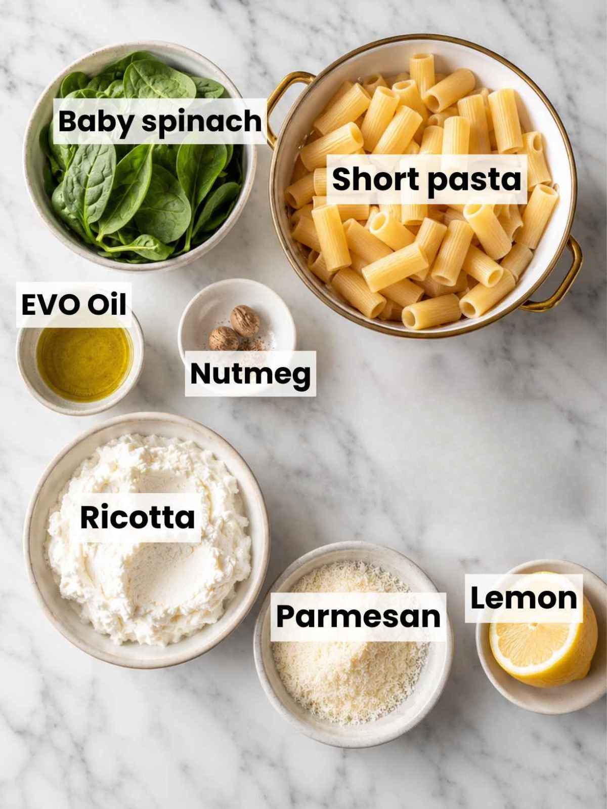 Simple ingredients for lemon ricotta pasta on carrara marble countertop.