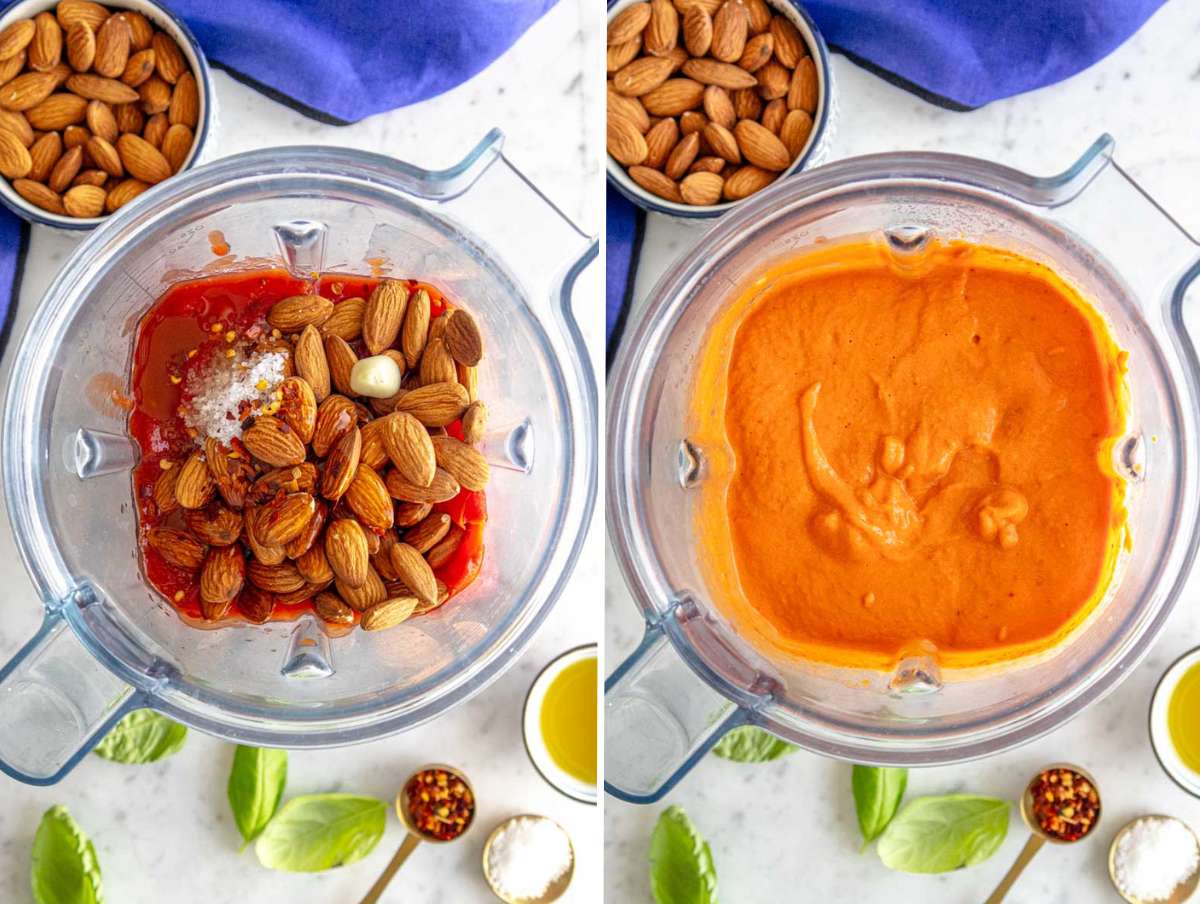 Step 1 Blending the ingredients to make the red pepper sauce.