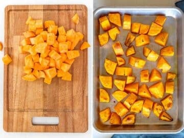 Step 1 Chopping and roasting the sweet potatoes.