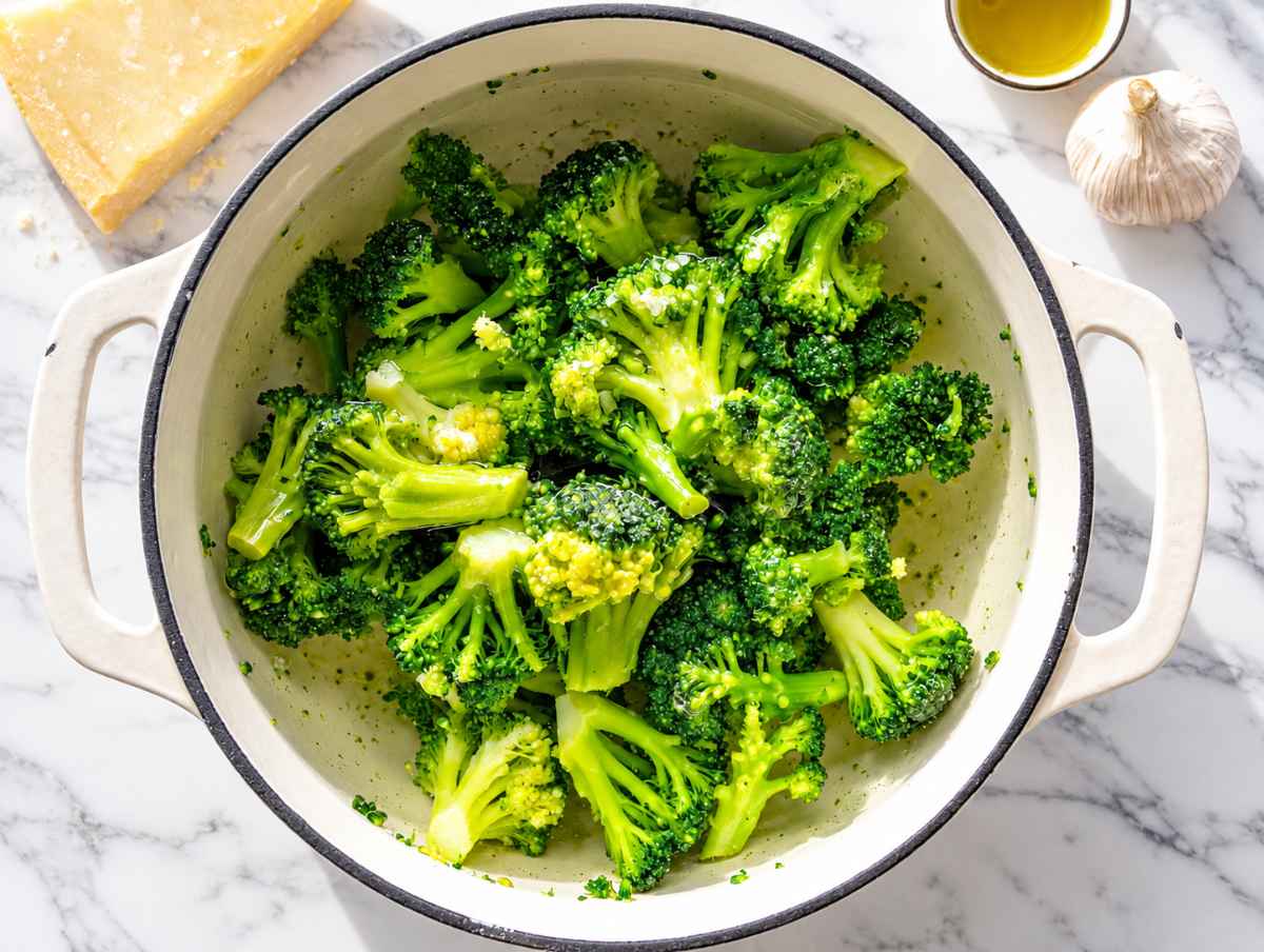 Step 1 Fresh broccoli florets boiling in salted water until tender.