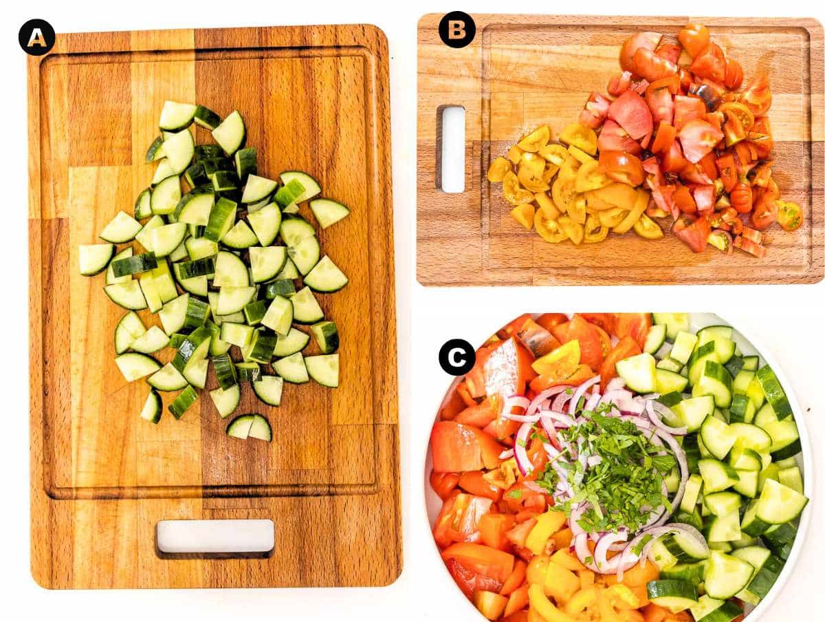 Step 1 for Cucumber tomato salad.