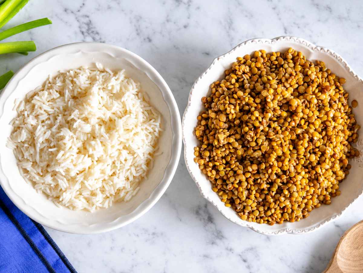Step 2 Tender green lentils and fluffy basmati rice cooked separately and drained.