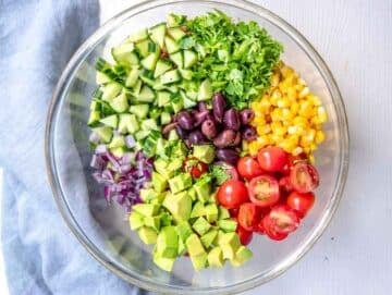 Step 3 Chopped tomatoes, cucumber, corn, olives, onion, parsley, and avocado.