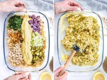 Step 3 Combining mashed chickpeas with the dressing and the ingredients.