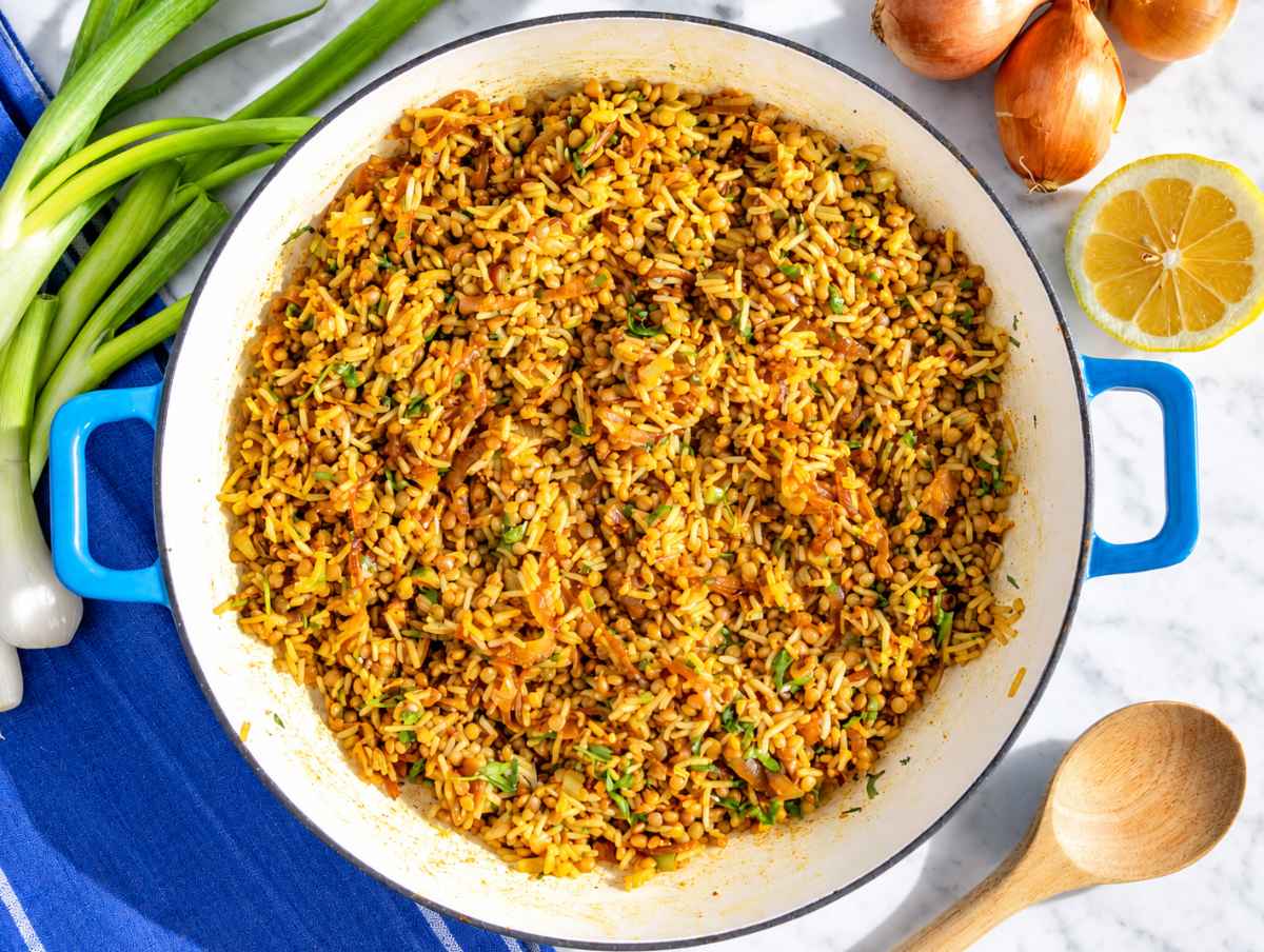 Step 3 Lentils and rice tossed with aromatic spices, herbs, and caramelized onions.