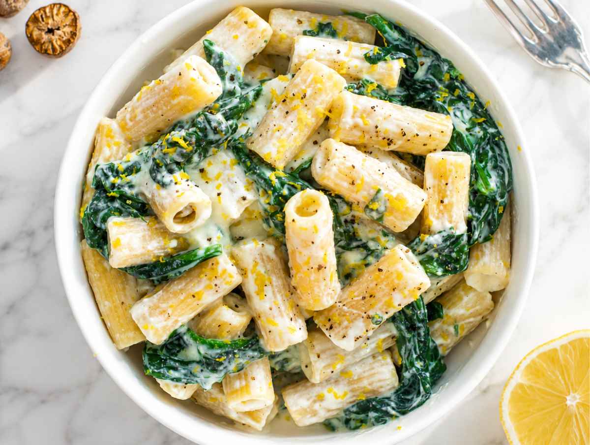 Step 3 Rigatoni tossed with creamy ricotta sauce until glossy and evenly coated.