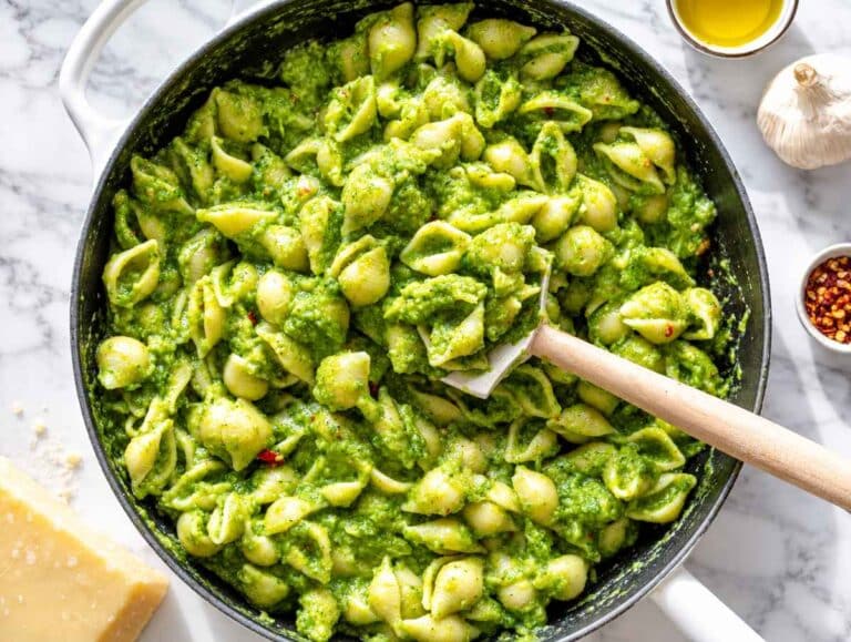 Step 4 Pasta tossed with creamy broccoli sauce and Parmesan until glossy.