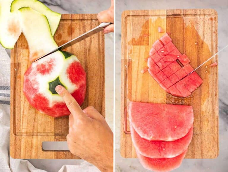 Step picture 1 Peeling the watermelon and cutting it into dice.