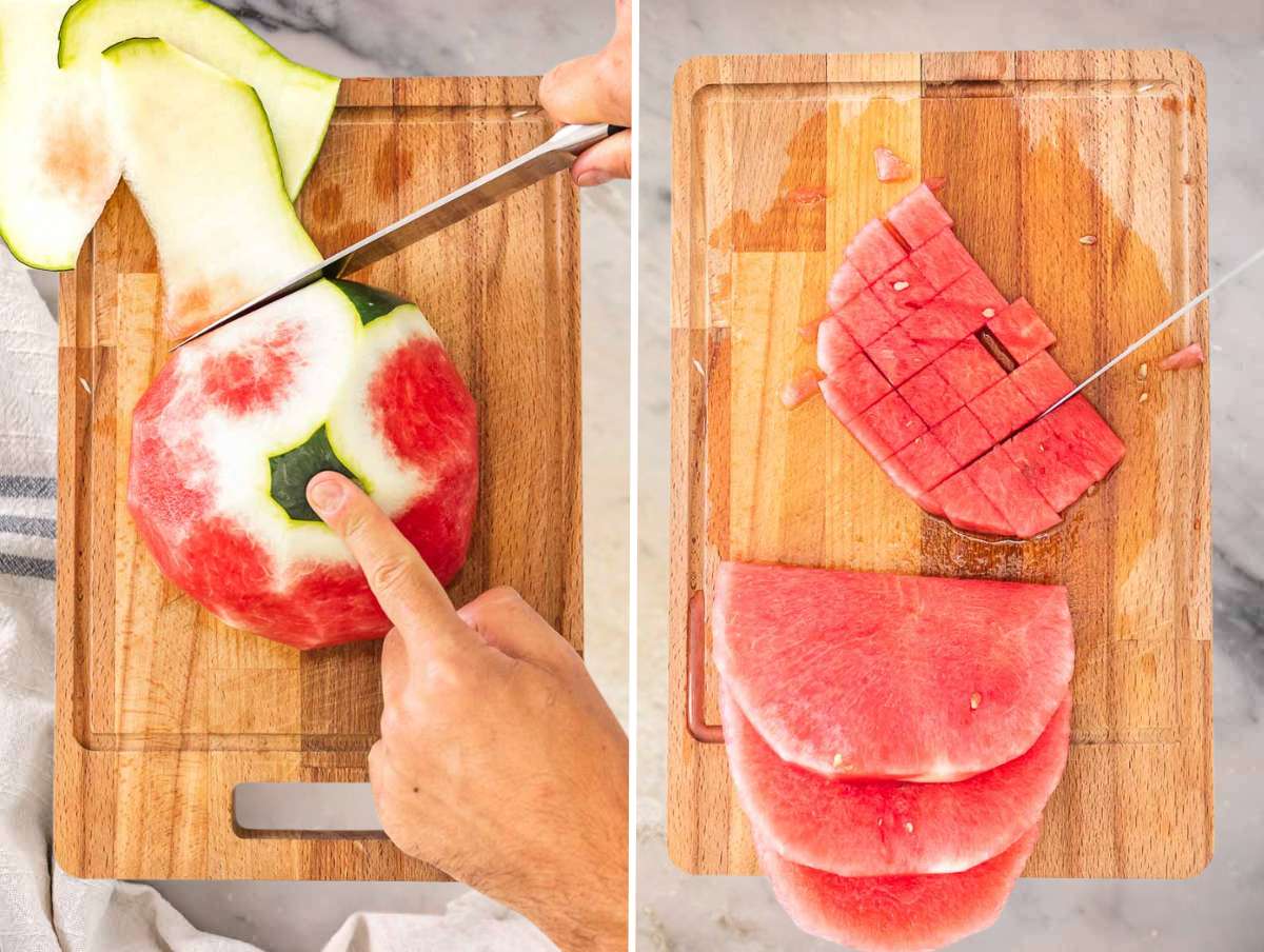 Step picture 1 Peeling the watermelon and cutting it into dice.