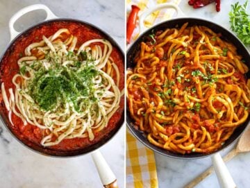 Step-picture-4-Tossing-the-cooked-pici-in-the-sauce-with-parsley-and-pasta-water