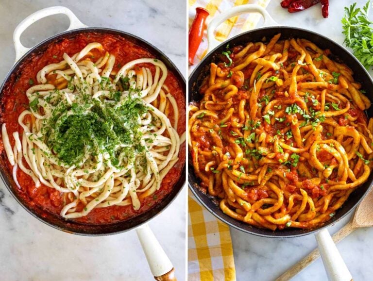 Step-picture-4-Tossing-the-cooked-pici-in-the-sauce-with-parsley-and-pasta-water