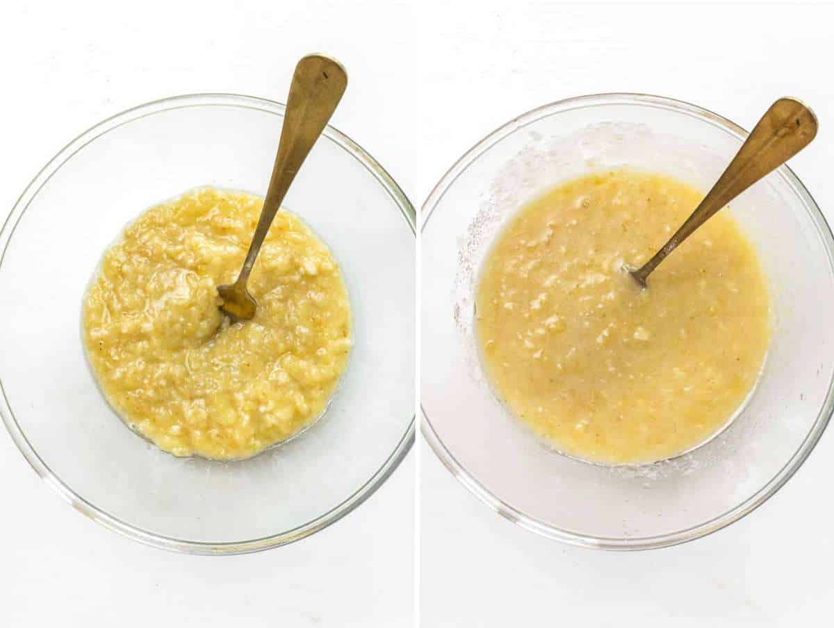 Step picture showing mashed banana mixed with the wet ingredients.