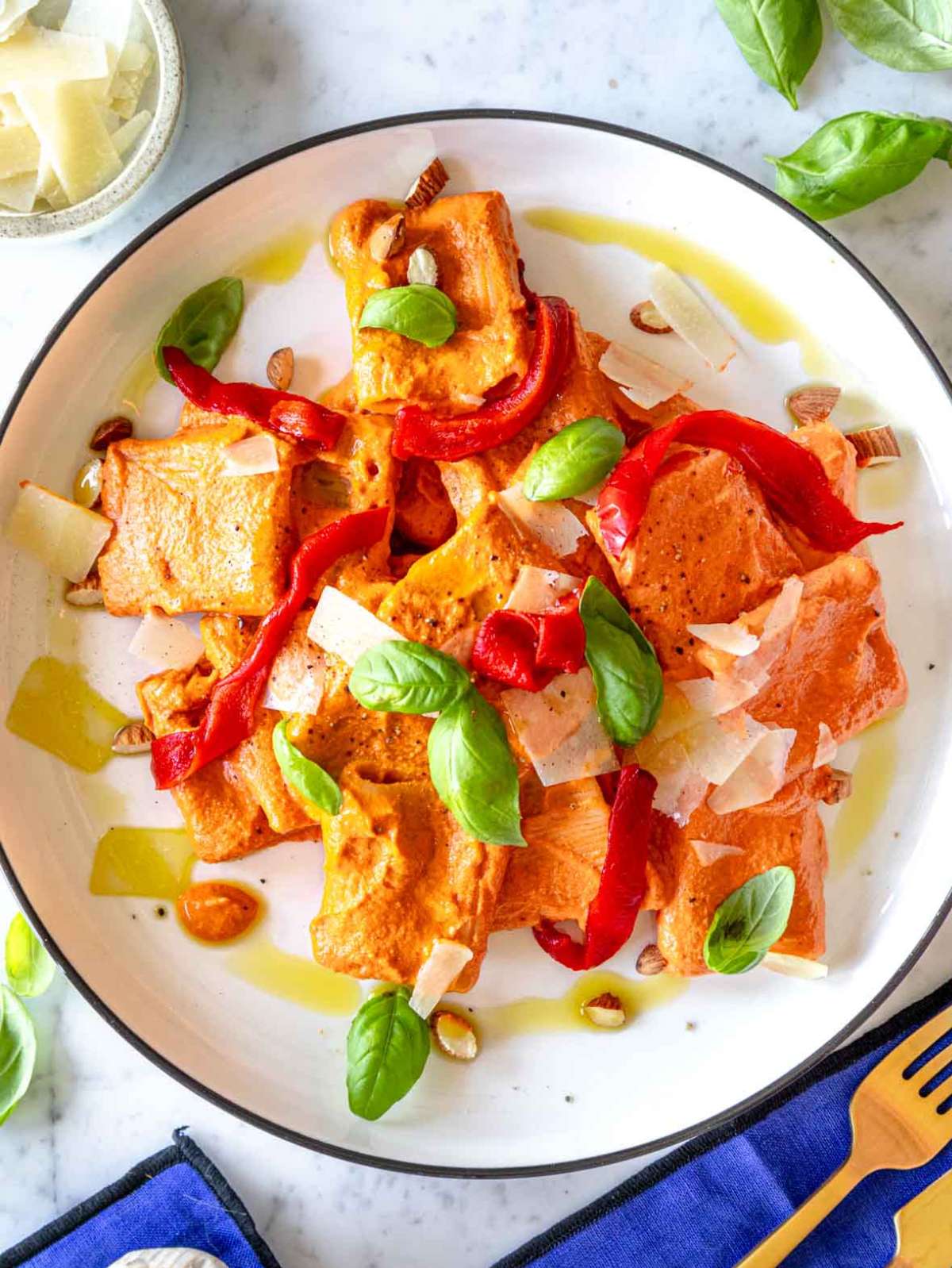 Top-Down Roasted Red pepper pasta.