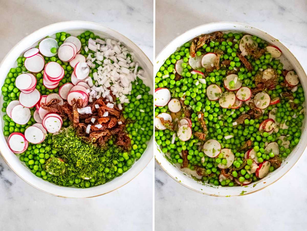 Tossing the salad with the dressing in a mixing bowl.