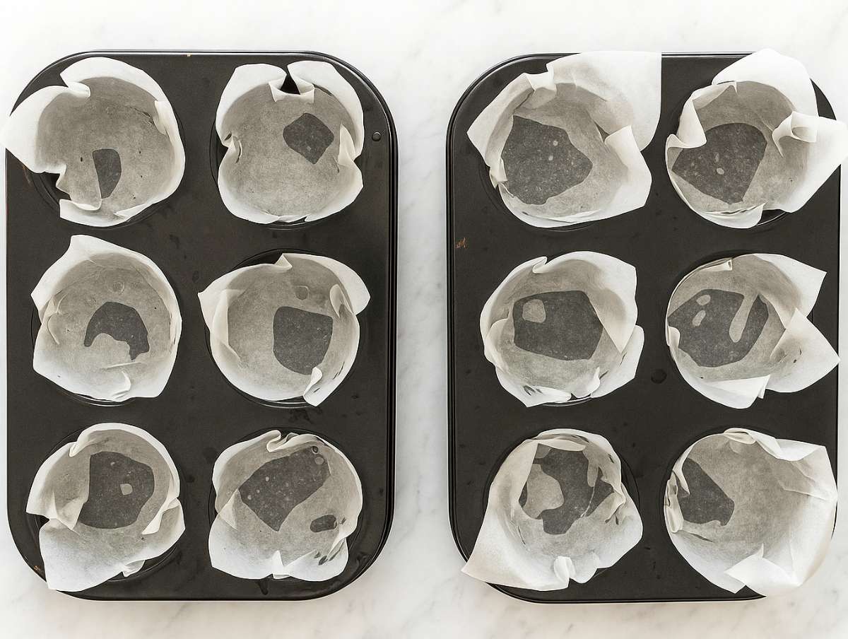 Two six-muffin tins lined with muffin liners