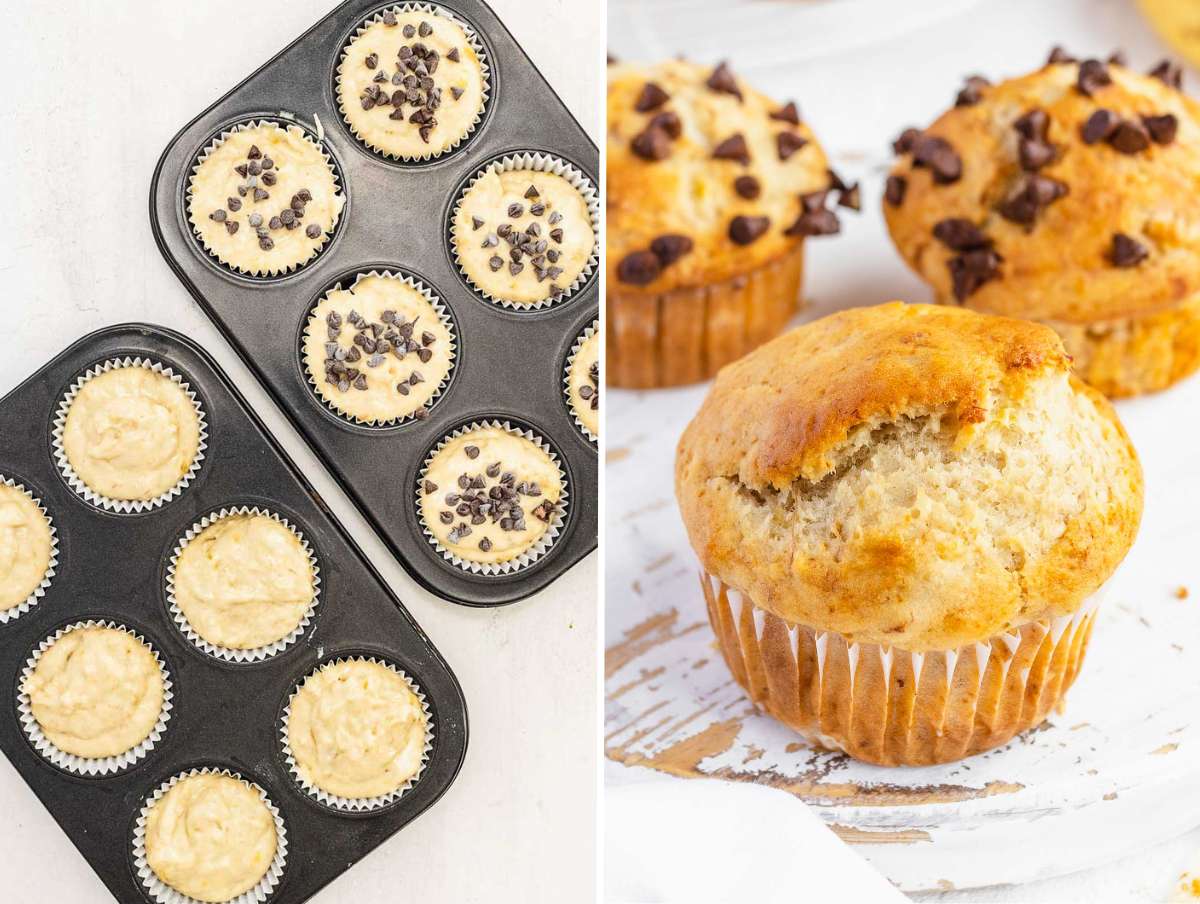 Vegan banana muffins before and after baking