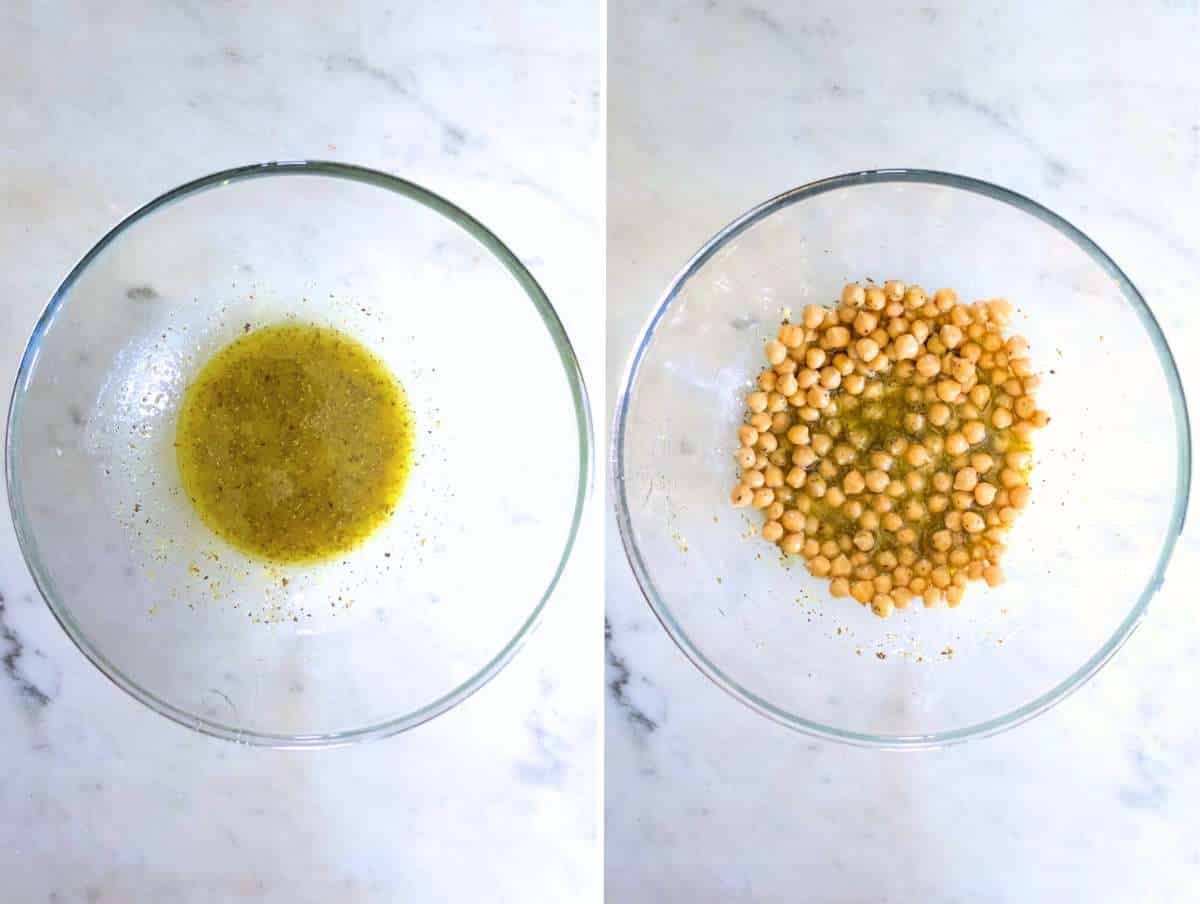 Whisking lemon olive oil dressing in a bowl with chickpeas – first step in making Greek pasta salad with marinated chickpeas.