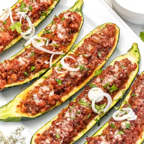Zucchini boats with lentil filling.