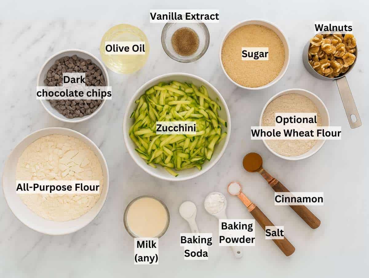 Zucchini muffin ingredients on a marble table.