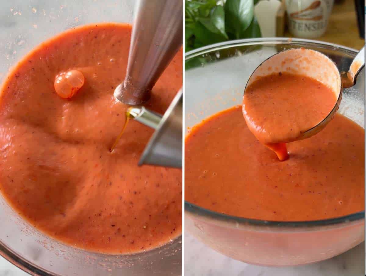 Blender with olive oil being poured in slowly.