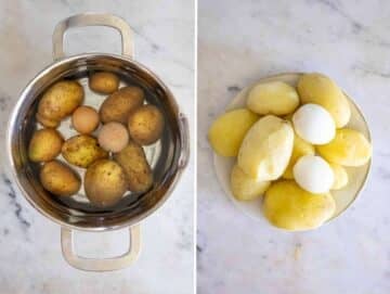 Boiling whole potatoes and eggs together in a large pot of salted water.