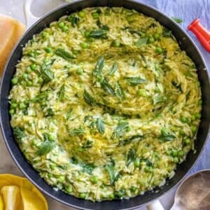 Bright and fresh lemon orzo with zucchini in a white bowl, perfect for summer dinners.