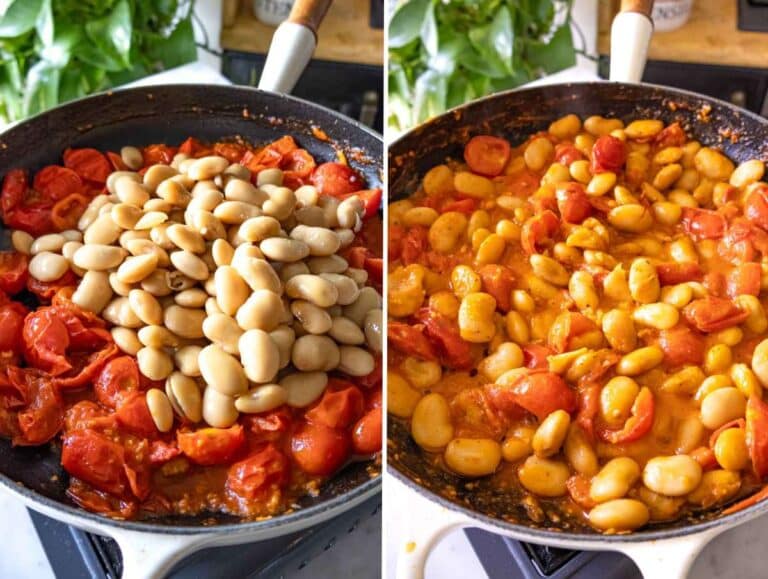 Butter beans simmering with tomatoes and broth, turning creamy in a one-pot Mediterranean stew.