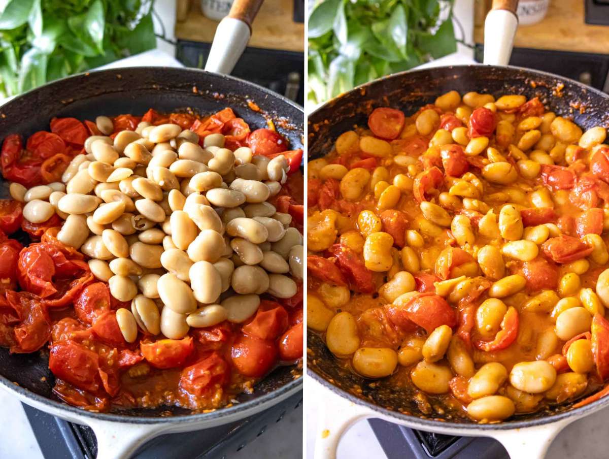 Butter beans simmering with tomatoes and broth, turning creamy in a one-pot Mediterranean stew.